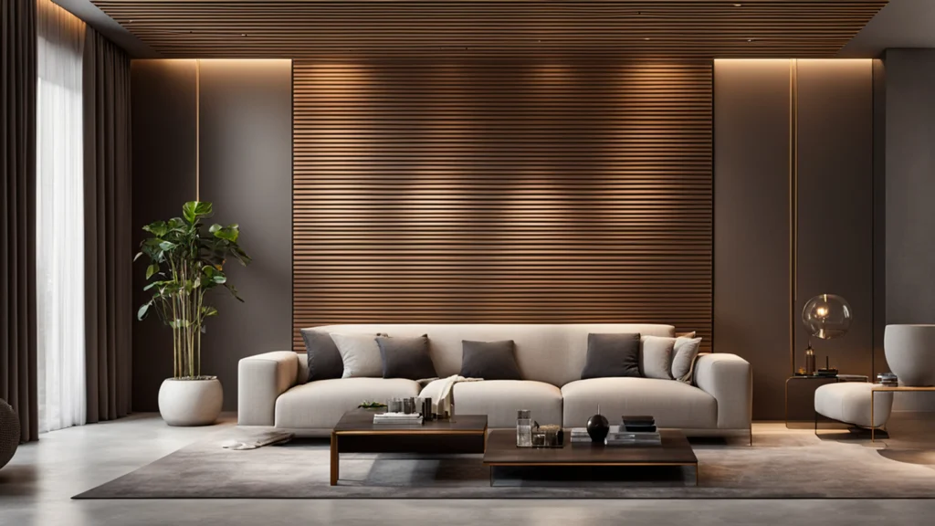 Nowoczesny salon z lamelami ściennymi w kolorze dębu