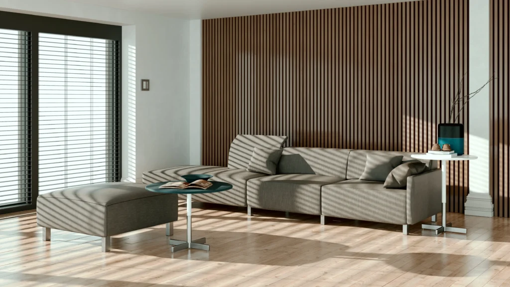 Aranżacja ściany z panelami akustycznymi na filcu