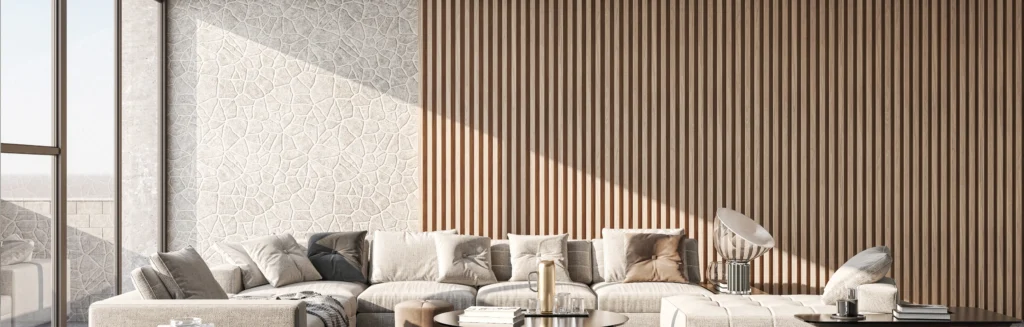 Szczegół wykończenia drewnianej lameli na ścianie