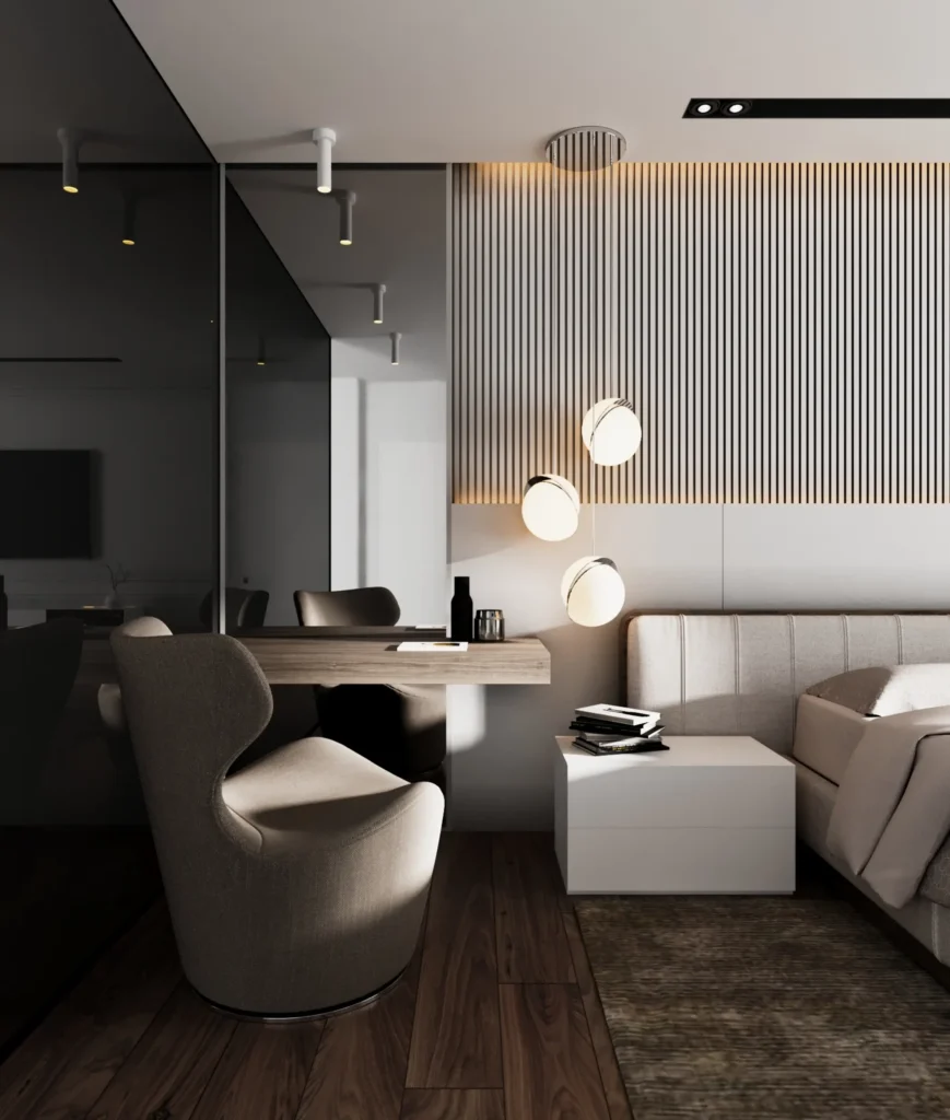 nowoczesne wnętrze salonu z łożkiem