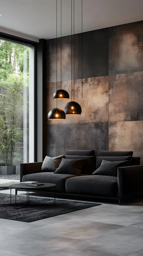 nowoczesny salon z czarną sofą