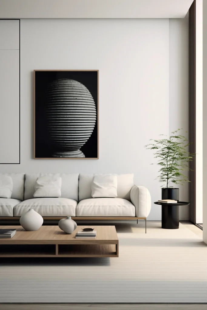 Ile kosztuje projekt wnętrza salonu w 2026 roku? Nowoczesna aranżacja w stylu minimalistycznym z jasną sofą i drewnianymi meblami od Studio Kuziomko.