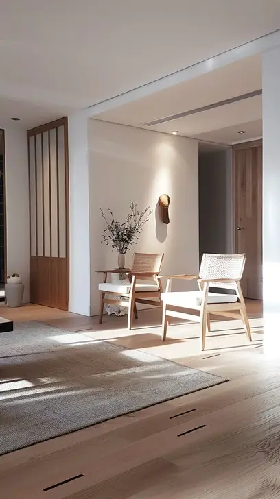 Ile kosztuje projekt wnętrza w stylu japandi? Nowoczesna strefa wypoczynku z drewnianymi fotelami i plecionką wiedeńską w projekcie od Studio Kuziomko.