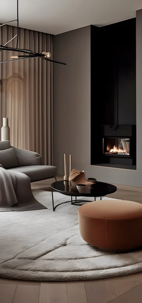 Ile kosztuje projekt wnętrza z kominkiem w 2026 roku? Elegancki salon w ciemnych tonacjach z nowoczesnym oświetleniem i okrągłym dywanem od Studio Kuziomko.