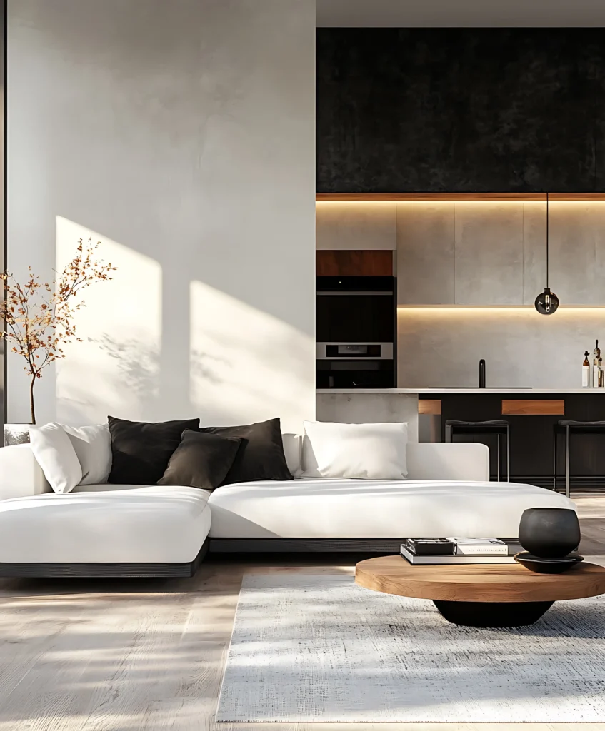 le kosztuje projekt salonu z aneksem kuchennym w 2026 roku? Nowoczesna strefa dzienna z białą sofą, drewnianym stolikiem i ciemną kuchnią od Studio Kuziomko.