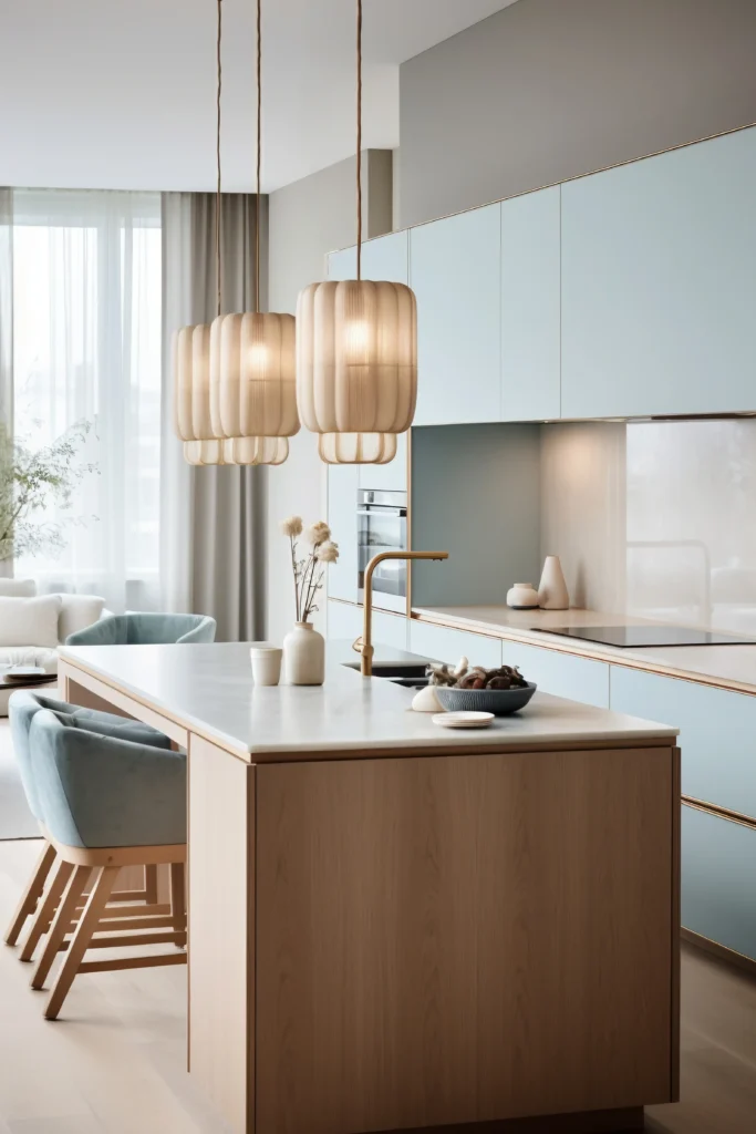 Ile kosztuje projekt kuchni z wyspą w 2026 roku? Nowoczesna błękitna kuchnia z drewnianymi akcentami i designerskimi lampami w realizacji Studio Kuziomko.