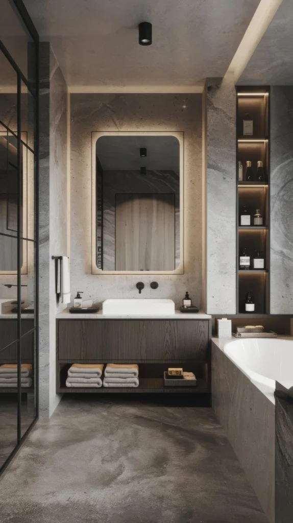 Ile kosztuje projekt łazienki w 2026 roku? Luksusowy salon kąpielowy w betonie i drewnie z podświetlanym lustrem w projekcie Studio Kuziomko.