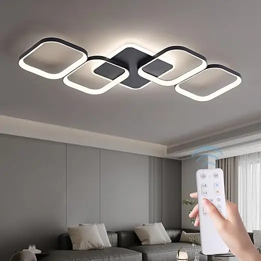 Nowoczesny plafon LED do salonu sterowany pilotem – geometryczna lampa sufitowa z regulacją natężenia światła w minimalistycznym wnętrzu.