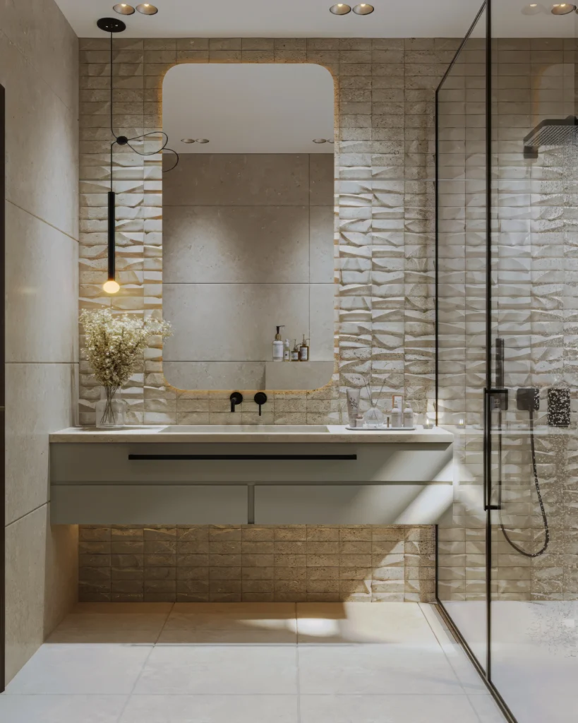 Łazienka w stylu nowoczesnego spa – luksusowy projekt z wanną, przeszklonym prysznicem i marmurowymi płytkami autorstwa Studio Kuziomko.