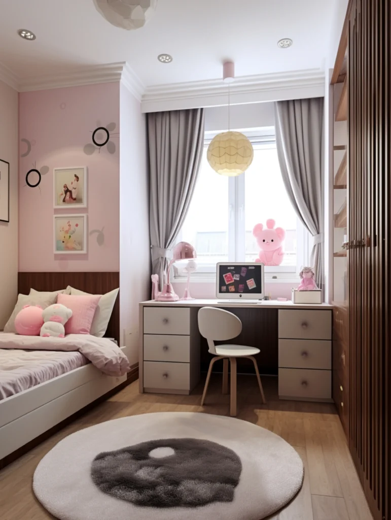 Aranżacja małego pokoju dla dziewczynki – białe biurko pod oknem, łóżko z różowymi dodatkami i nowoczesne lamele na szafie w projekcie od Studio Kuziomko.