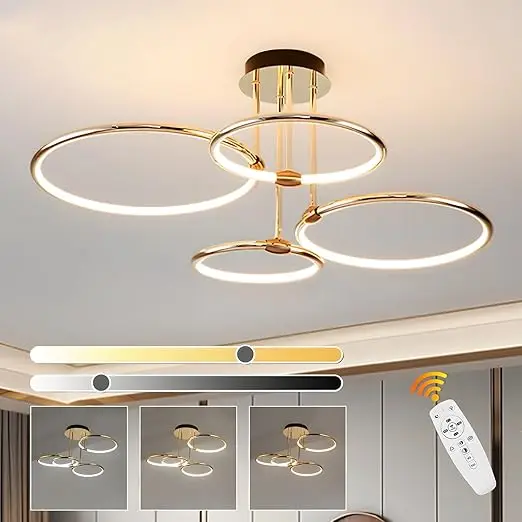 Złota lampa sufitowa LED z okrągłymi pierścieniami, ściemniana i sterowana pilotem – nowoczesne oświetlenie do salonu lub sypialni.