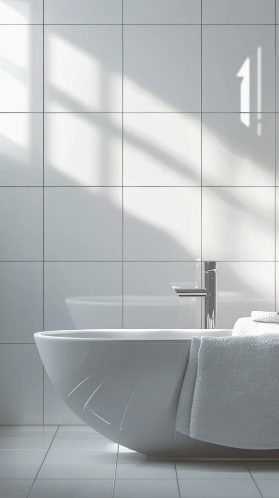 Nowoczesna łazienka wanna wolnostojąca z designerską baterią na tle białych, błyszczących płytek w minimalistycznej aranżacji od Studio Kuziomko.