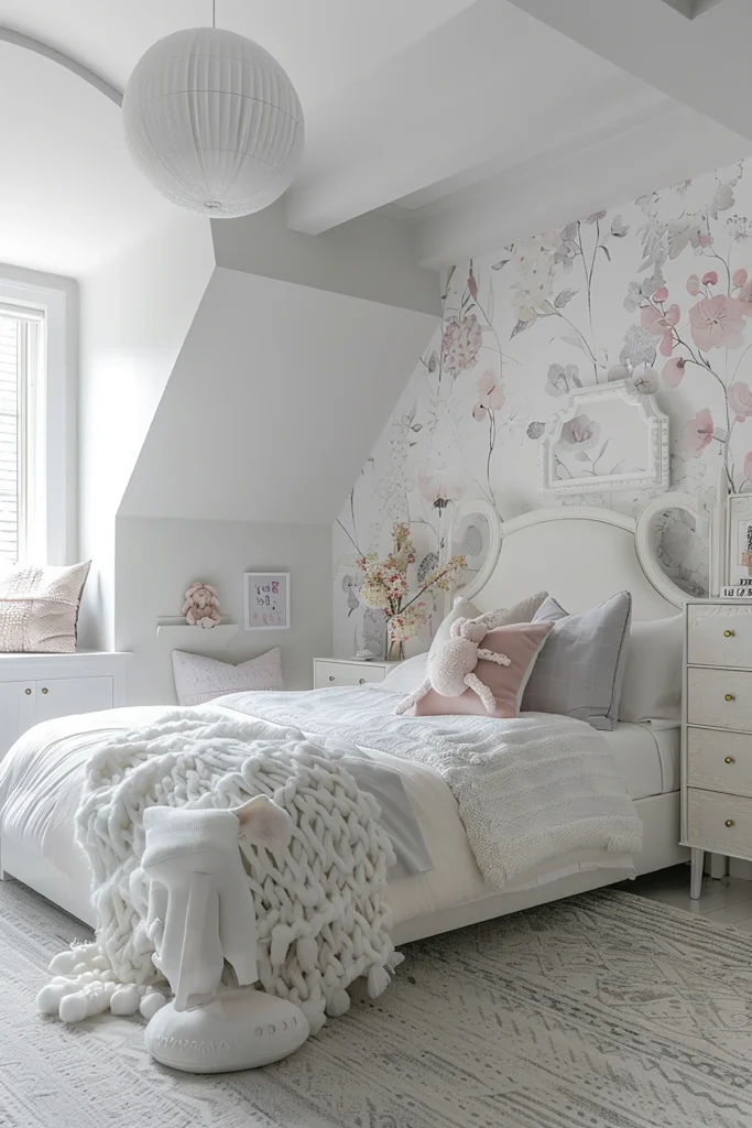 Przytulna sypialnia dla dziewczynki na poddaszu – białe łóżko z ozdobnym zagłówkiem, tapeta w pastelowe kwiaty i miękkie tekstylia w projekcie od Studio Kuziomko.