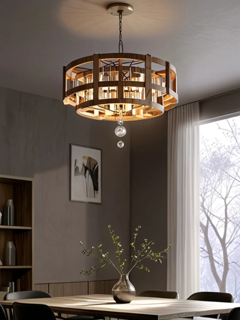 Designerski żyrandol z drewna i szkła zawieszony nad stołem w jadalni – nastrojowe oświetlenie strefy dziennej w projekcie Studio Kuziomko.
