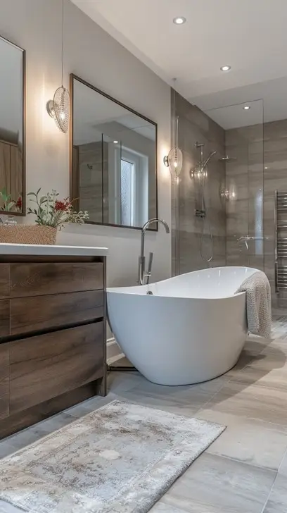 Wanna wolnostojąca w strefie kąpielowej z drewnianą szafką pod umywalkę, dużym lustrem i przeszklonym prysznicem w nowoczesnej aranżacji.