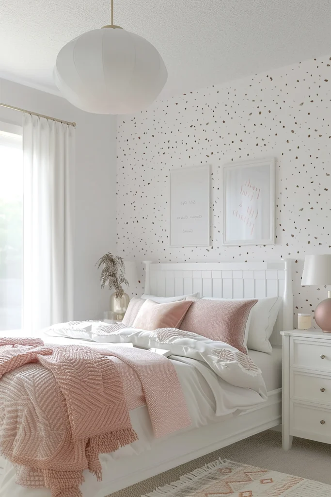 Jasna sypialnia dziecięca w stylu skandynawskim – białe łóżko z wysokim zagłówkiem, ściana w kropki i różowe tekstylia w aranżacji Studio Kuziomko.