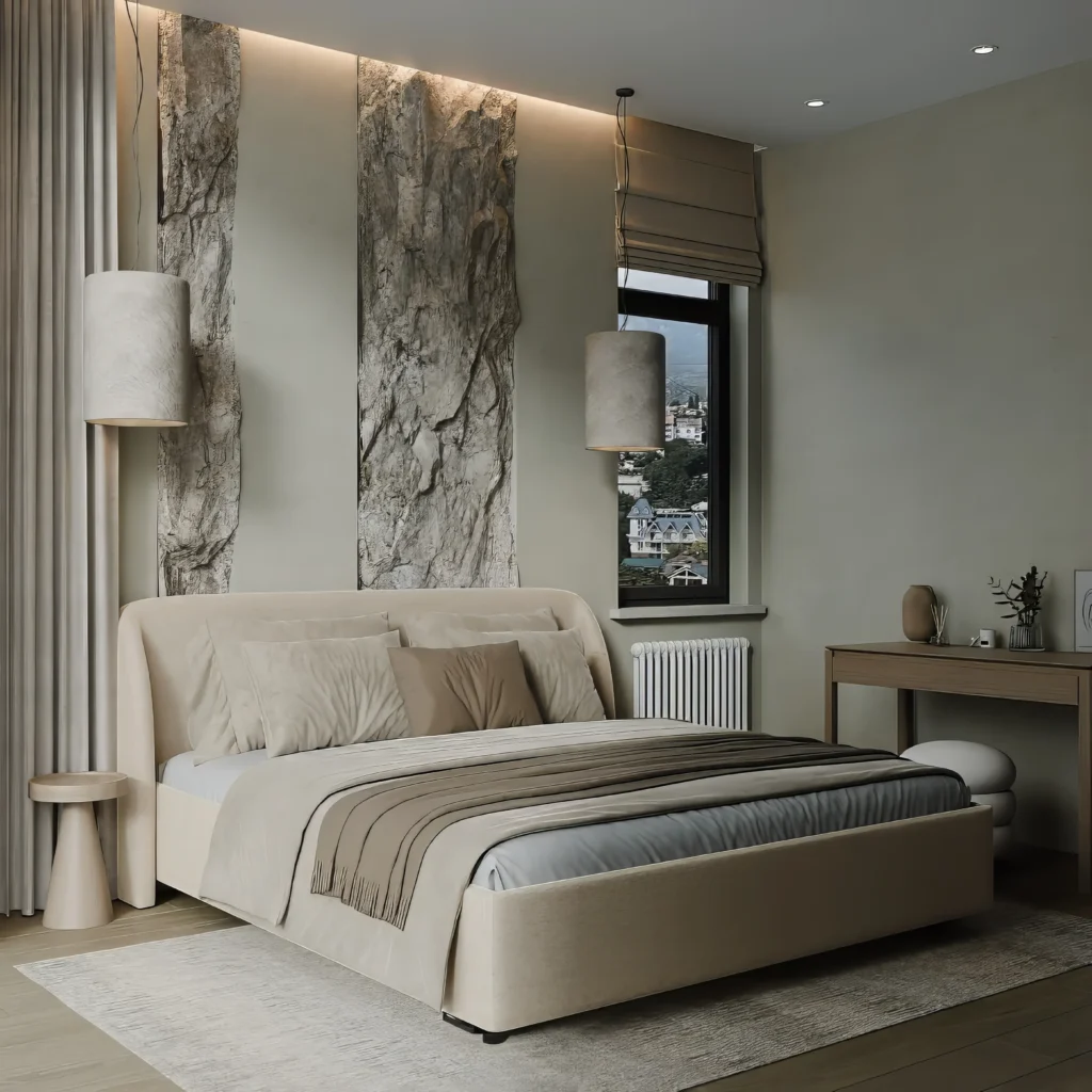 projekt beżowej sypialni z łożkiem 200 cm szerokości