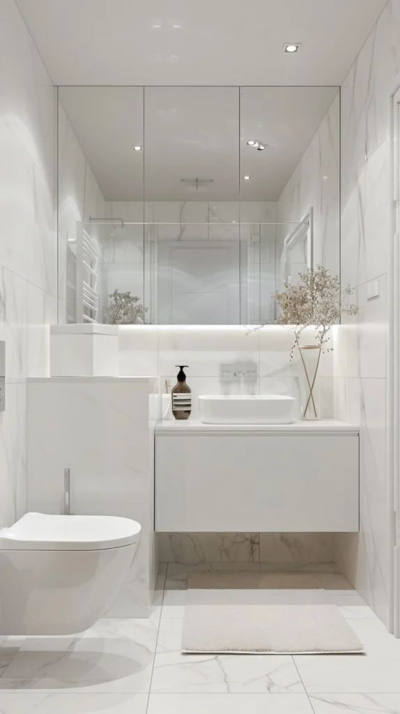 Mała strefa WC z umywalką nablatową, podwieszaną szafką i dużym lustrem optycznie powiększającym wnętrze w projekcie Studio Kuziomko.