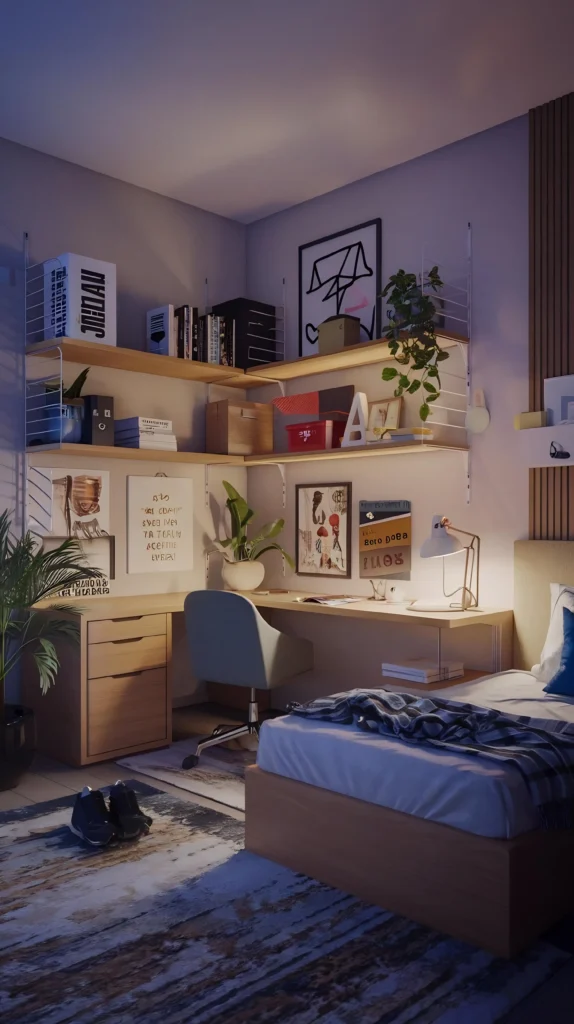 Nowoczesny kącik do nauki dla nastolatki – narożne biurko z jasnego drewna, system półek ściennych i nastrojowe oświetlenie w projekcie Studio Kuziomko.