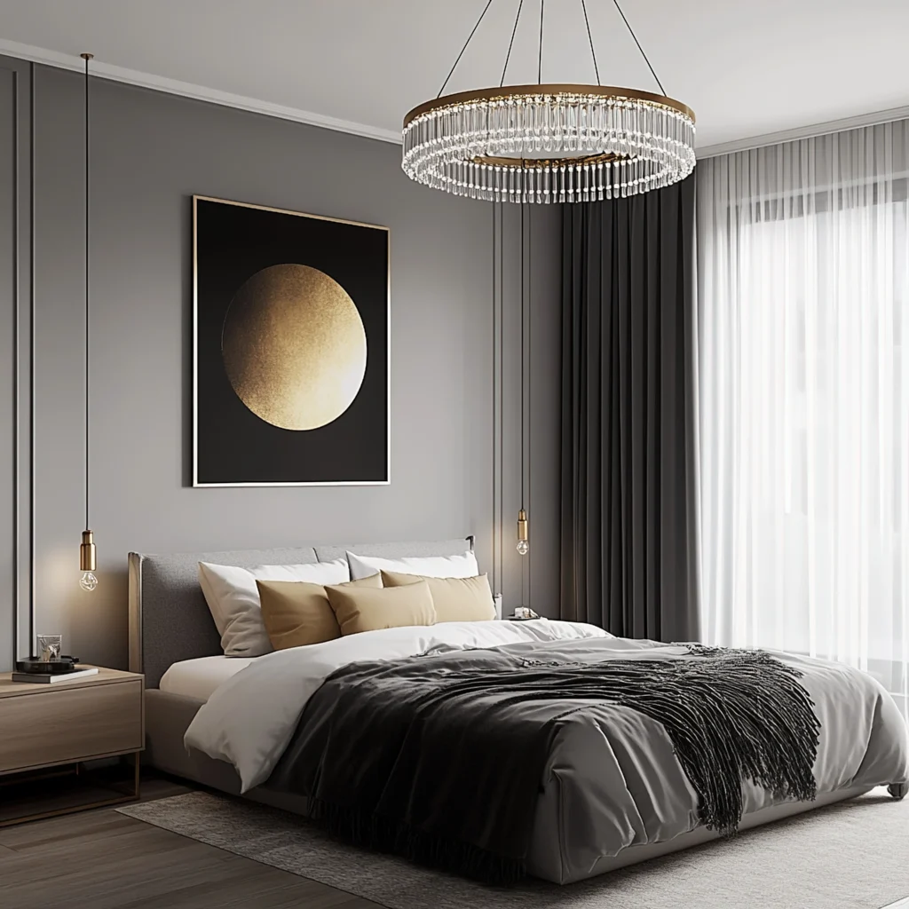 sypialnia w mieszkaniu z kryształowym żyrandolem -lampa sufitowa - studio projektowe Wrocław Barbara Kuziomko