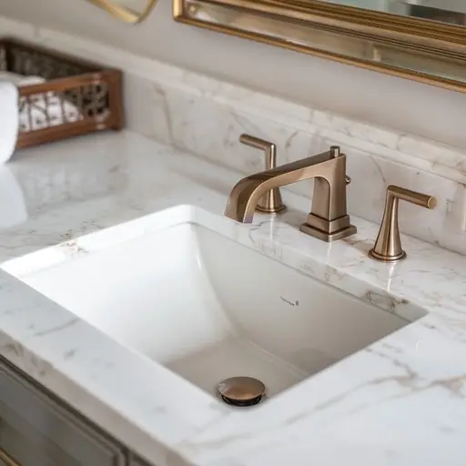 Detal umywalki podblatowej w marmurowym blacie z baterią w kolorze szczotkowanego złota – elegancka armatura i wykończenie premium.