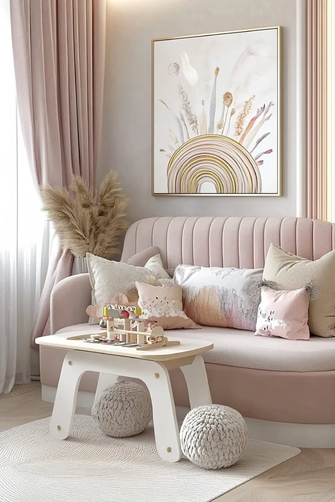 Kącik zabaw w stylu boho – różowa sofa z pionowymi przeszyciami, stolik dziecięcy, obraz z tęczą i trawy pampasowe w aranżacji Studio Kuziomko.