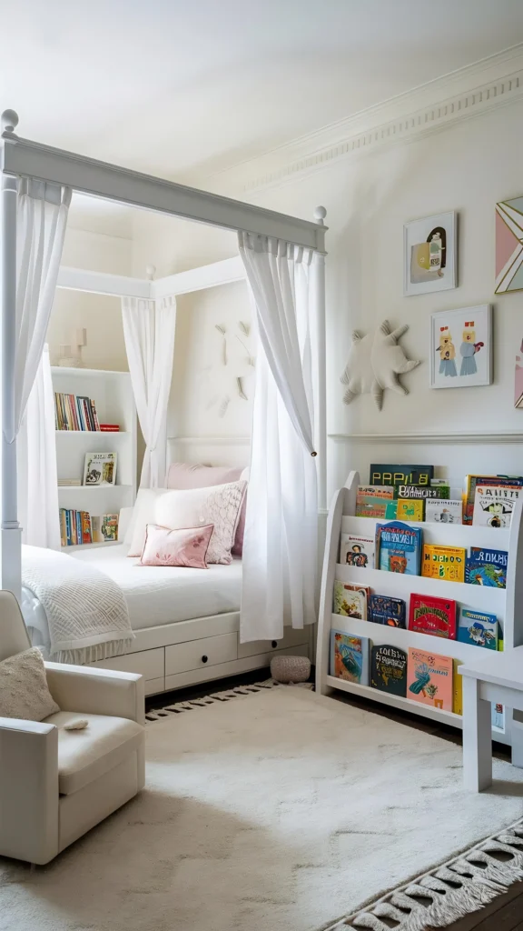 Białe łóżko z baldachimem i zasłonkami, regał na książki dla dzieci oraz jasny dywan z frędzlami w przytulnej aranżacji od Studio Kuziomko.