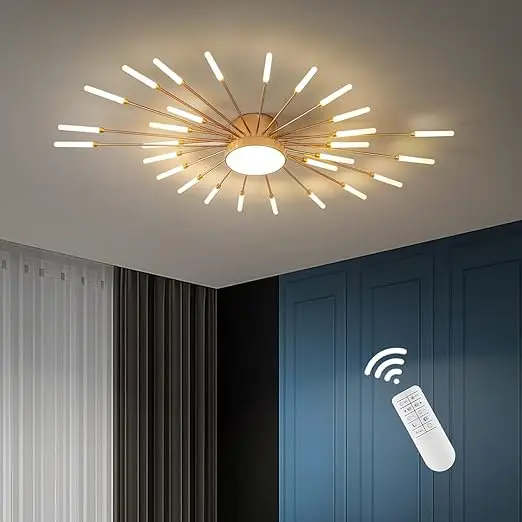 Nowoczesny złoty żyrandol LED z wieloma punktami świetlnymi – designerska lampa sufitowa z pilotem i regulacją barwy światła w eleganckim salonie.