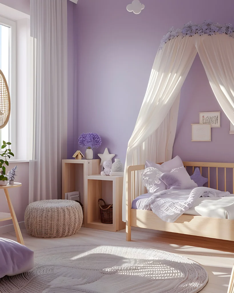 Fioletowa sypialnia dziecięca z drewnianym łóżkiem, białym baldachimem i plecioną pufą w nastrojowej aranżacji od Studio Kuziomko.
