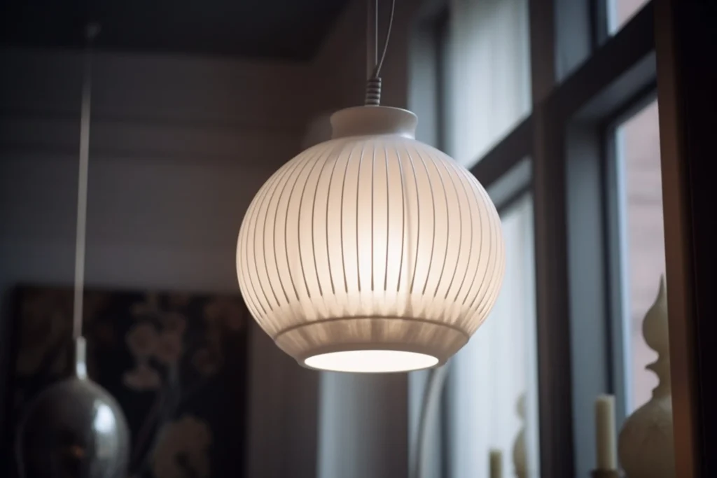 Lampa sufitowa – jaką wybrać? Biała, ryflowana lampa wisząca nad stołem we wnętrzu z dużym oknem w projekcie Studio Kuziomko.