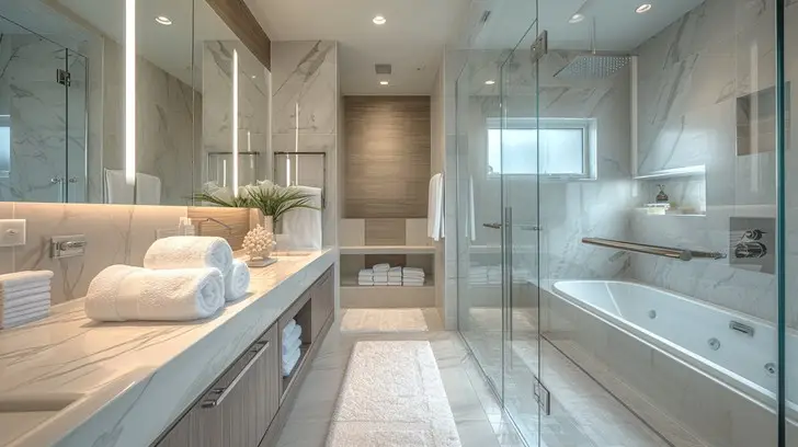 Łazienka w stylu nowoczesnego spa – luksusowy projekt z wanną, przeszklonym prysznicem i marmurowymi płytkami autorstwa Studio Kuziomko.