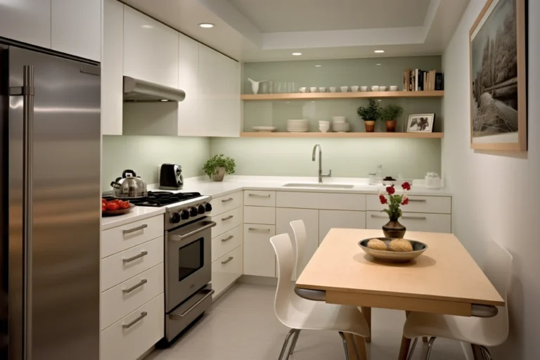 Projekt kuchni w bloku Wrocław – nowoczesna biała kuchnia w kształcie litery L z zabudową pod sufit, stołem dla czterech osób i praktycznym układem w małym mieszkaniu.