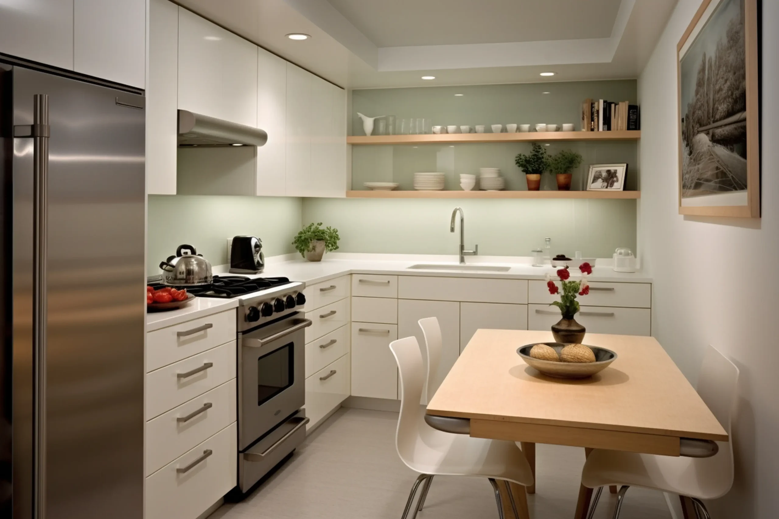 Projekt kuchni w bloku Wrocław – nowoczesna biała kuchnia w kształcie litery L z zabudową pod sufit, stołem dla czterech osób i praktycznym układem w małym mieszkaniu.