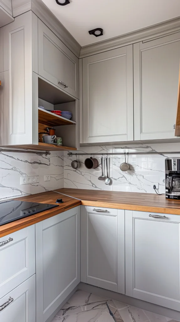 Mała kuchnia w bloku z szarymi frontami ramiakowymi, drewnianym blatem i płytkami imitującymi marmur na ścianie – funkcjonalny projekt od Studio Kuziomko.