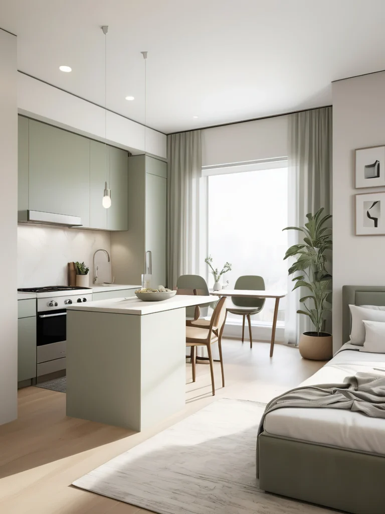 Projekt małej kuchni w kawalerce – szałwiowe meble kuchenne z wyspą, stół przy oknie i strefa wypoczynku w spójnej aranżacji od Studio Kuziomko.