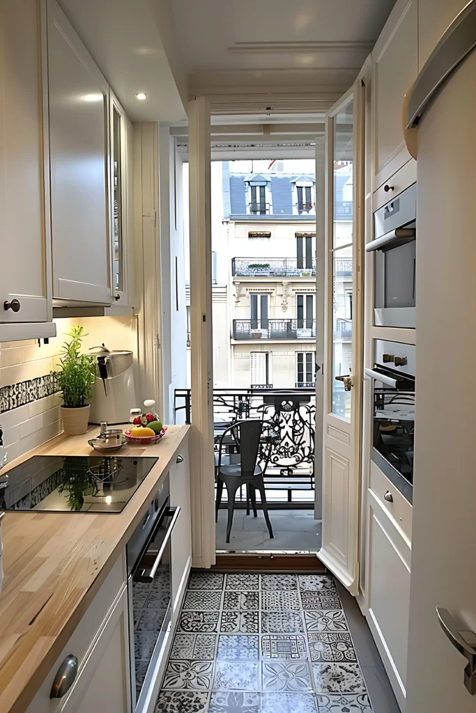 Projekt wąskiej kuchni w bloku z wyjściem na balkon – jasna zabudowa, drewniany blat i wzorzyste płytki podłogowe w funkcjonalnej aranżacji od Studio Kuziomko.