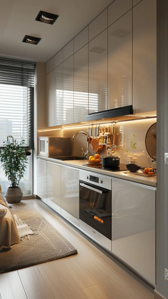 Projekt małej kuchni w bloku – nowoczesna zabudowa jednorzędowa z beżowymi frontami w połysku, podświetleniem LED i funkcjonalnym blatem od Studio Kuziomko.