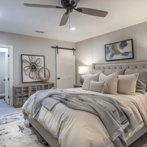 sypiialnia beżowa z drzwiamy wiszącymi - studio projektowe Wrocław Kuziomko