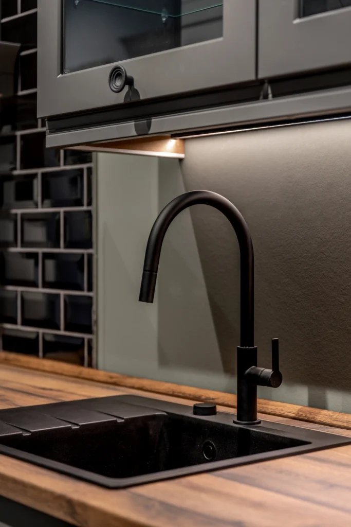 zlewozmywak granitowy czarny jednokomorowy z ociekaczem studio projektowe Wroclaw Barbara Kuziomko