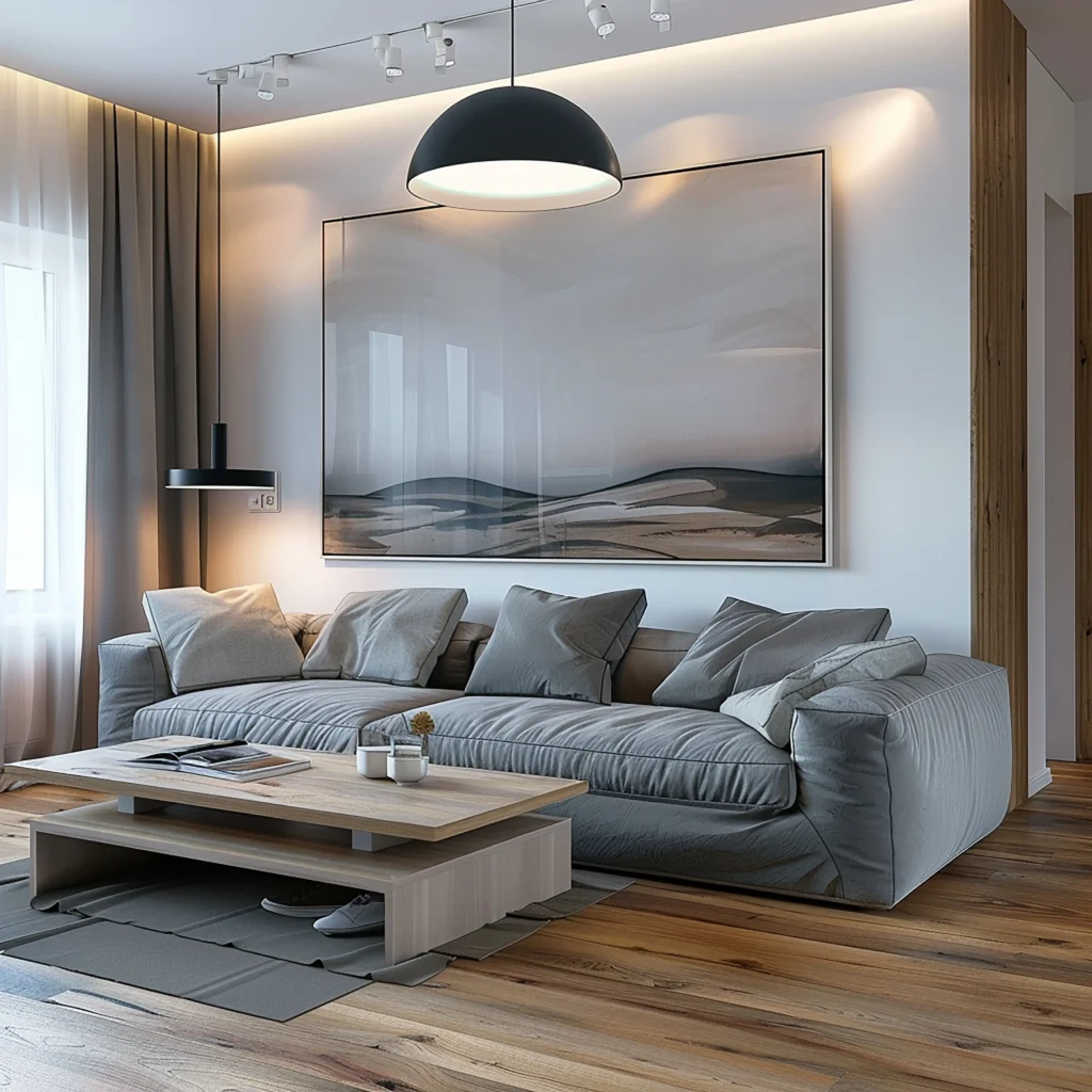 wygodna sofa z ławą w małym pokojuw mieszkaniu