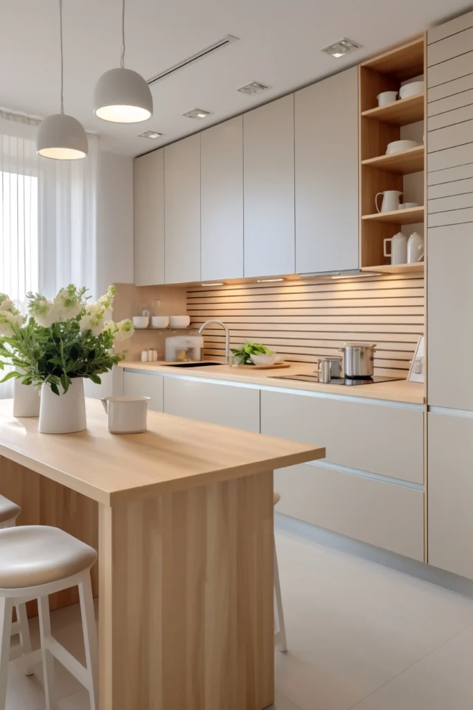 kremowe fronty kuchenne w nowoczesnje jasne kuchni we Wrocławiu- studio architektoniczne Barbara Kuziomko
